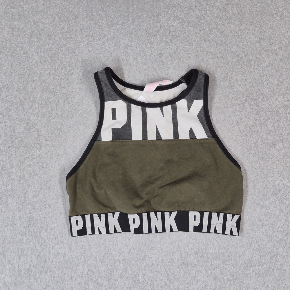 Victoria Secret PINK Women Sports Bra M/M Green Crop Spellout Wireless Pullover